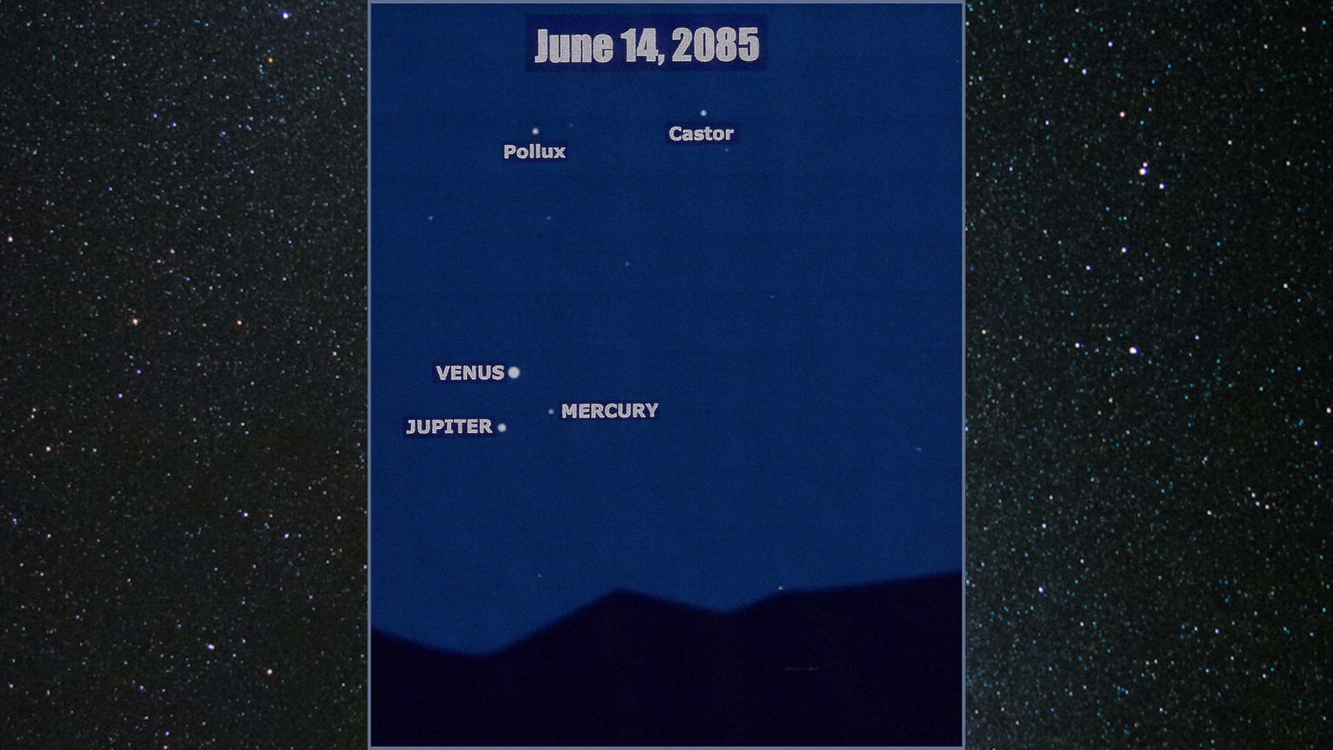 night sky graphic for june 14 2085, showing planetary alignment