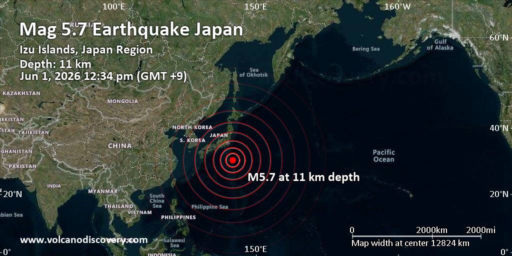Strong Mag. 5.7 Earthquake - North Pacific Ocean, 324 km Southeast of Hachijo Jima Island, Tokyo, Japan, on Monday, Jun 1, 2026, at 12:34 pm (GMT +9)