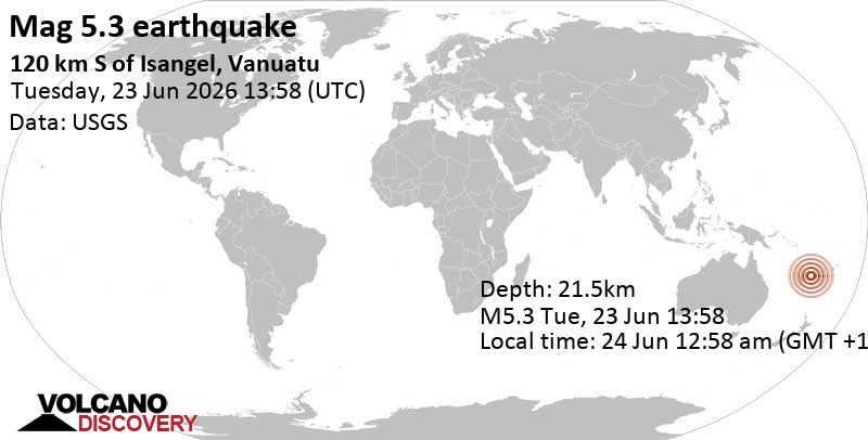 5.3 quake Coral Sea, 78 km southwest of Aneityum Island, Tafea Province, Vanuatu, Jun 24, 2026 12:58 am (GMT +11)