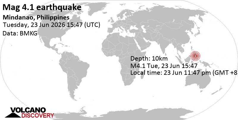 4.1 quake Philippine Sea, 23 km southwest of Sarangani Island, Philippines, Jun 23, 2026 11:47 pm (Manila time)