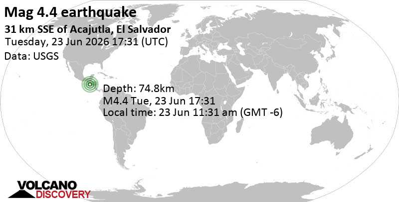 4.4 quake North Pacific Ocean, 73 km southwest of San Salvador, El Salvador, Jun 23, 2026 11:31 am (GMT -6)