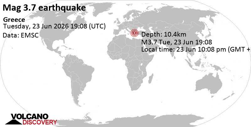 3.7 quake Aegean Sea, 31 km northwest of Chalkida, Euboea, Central Greece, Greece, Jun 23, 2026 10:08 pm (Athens time)