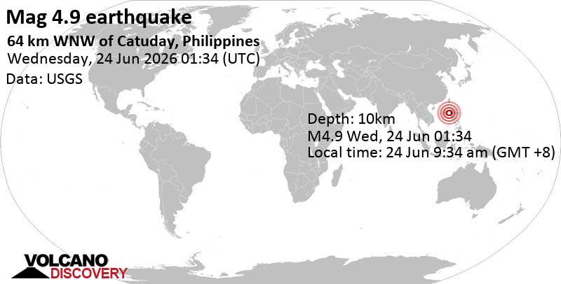 4.9 quake South China Sea, 75 km west of Santiago Island, Philippines, Jun 24, 2026 09:34 am (GMT +8)