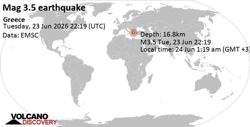 3.5 quake Aegean Sea, 52 km south of Skiathos Island, Nomos Magnisias, Thessaly, Greece, Jun 24, 2026 01:19 am (GMT +3)