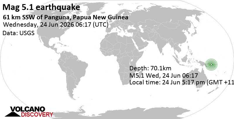 5.1 quake Solomon Sea, 75 km southwest of Arawa, Bougainville, Papua New Guinea, Jun 24, 2026 05:17 pm (Port Moresby time)