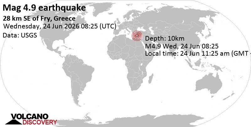 4.9 quake Eastern Mediterranean, 29 km south of Karpathos, Greece, Jun 24, 2026 11:25 am (Athens time)