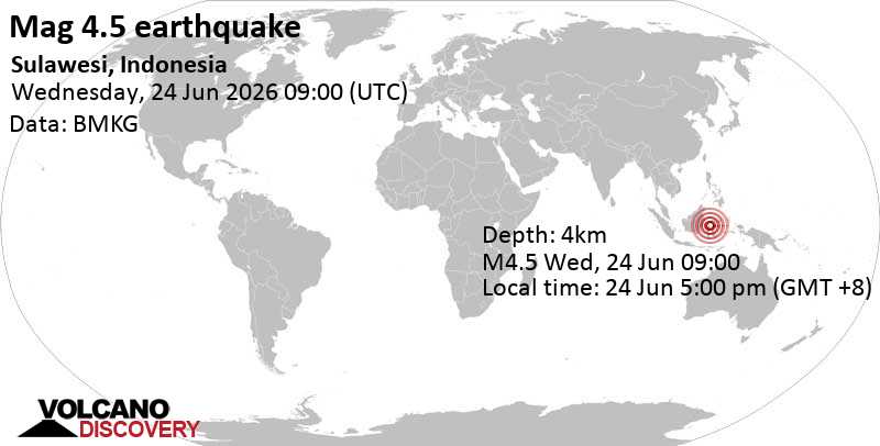 4.5 quake Kabupaten Sigi, 35 km southeast of Palu, Kota Palu, Sulawesi Tengah, Indonesia, Jun 24, 2026 05:00 pm (Makassar time)