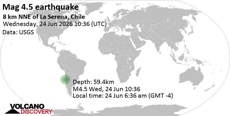 4.5 quake 53 km northwest of Vicuna, Provincia de Elqui, Region de Coquimbo, Chile, Jun 24, 2026 06:36 am (Santiago time)