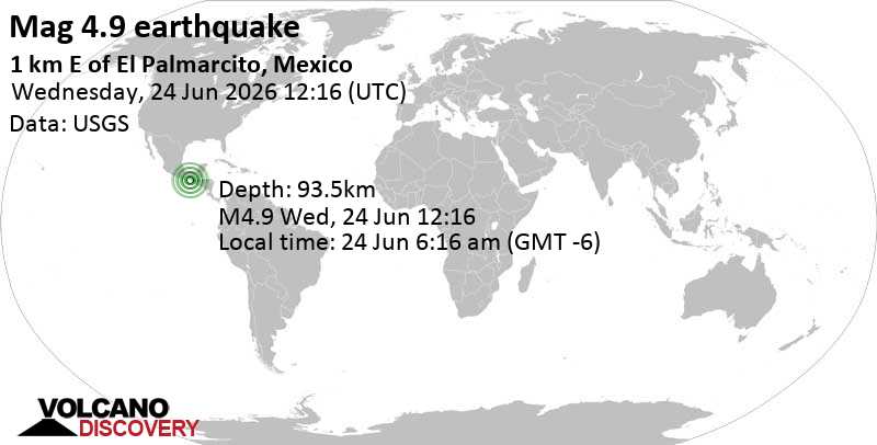 4.9 quake 21 km south of Pijijiapan, Estado de Chiapas, Mexico, Jun 24, 2026 06:16 am (Merida time)