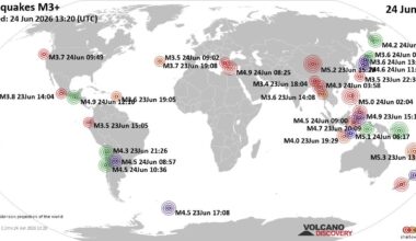 Worldwide earthquakes above magnitude 3 during the past 24 hours on 24 Jun 2026