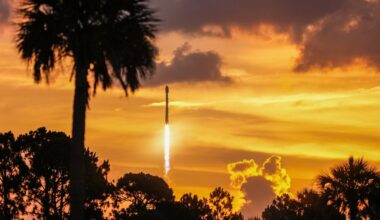 A rocket is seen climbing in a bright orange dawn sky with a palm tree and other foliage silhouetted in the foreground