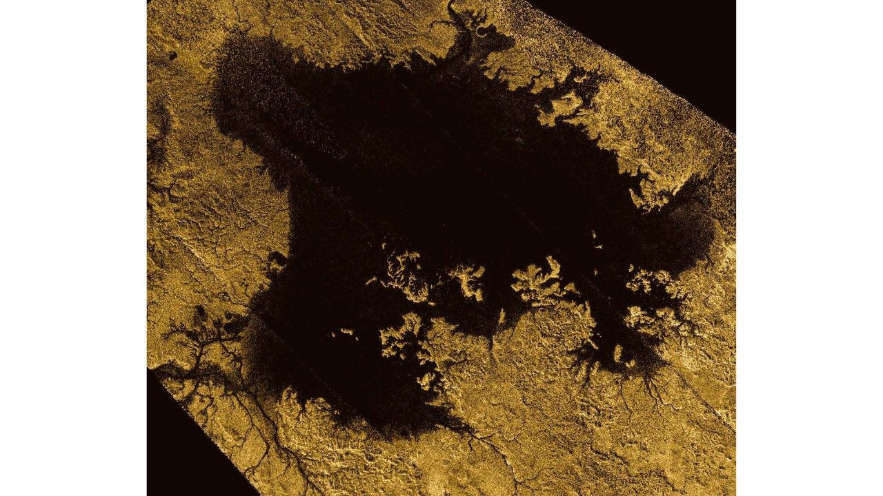 Radar observations from NASA's Cassini spacecraft revealed large lakes and seas of liquid methane and ethane near Titan's poles. Radar observations from NASA's Cassini spacecraft revealed large lakes and seas of liquid methane and ethane near Titan's poles.