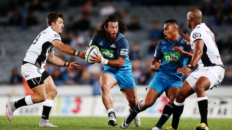 Rene Ranger carries the ball for the Blues against the Sharks in a Super Rugby match in 2016.