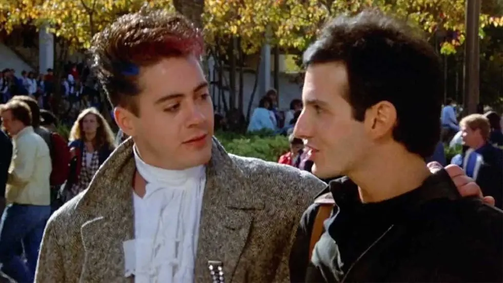 Robert Downey Jr putting his arm around Keith Gordon in Back to School