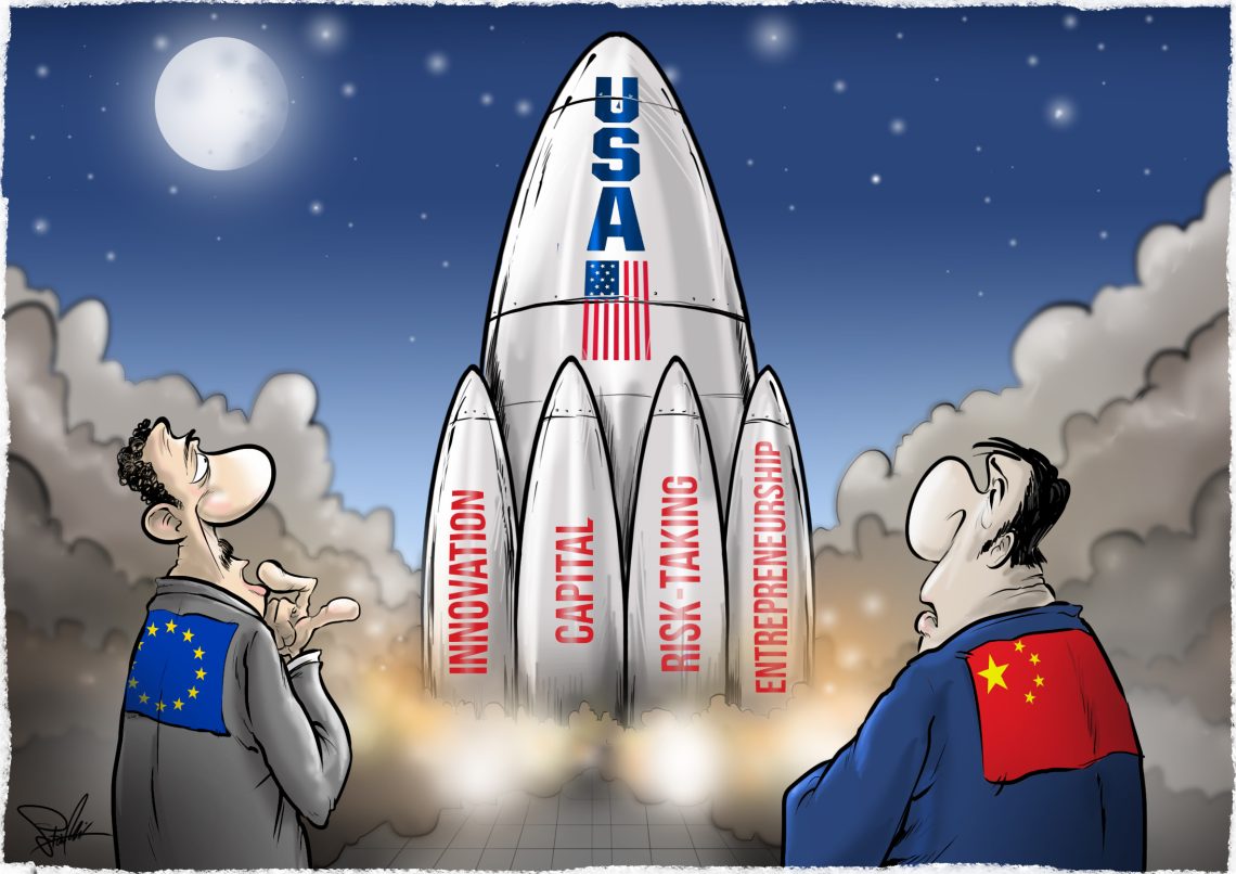 A rocket labeled “USA” launches into space, powered by innovation, entrepreneurship, capital and risk-taking.