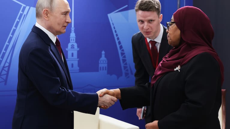 Russian President Vladimir Putin, left, shakes hands with Tanzanian President Samia Suluhu Hassan, prior to a plenary session of the St. Petersburg International Economic Forum in St. Petersburg, Russia, on Friday, June 5, 2026.