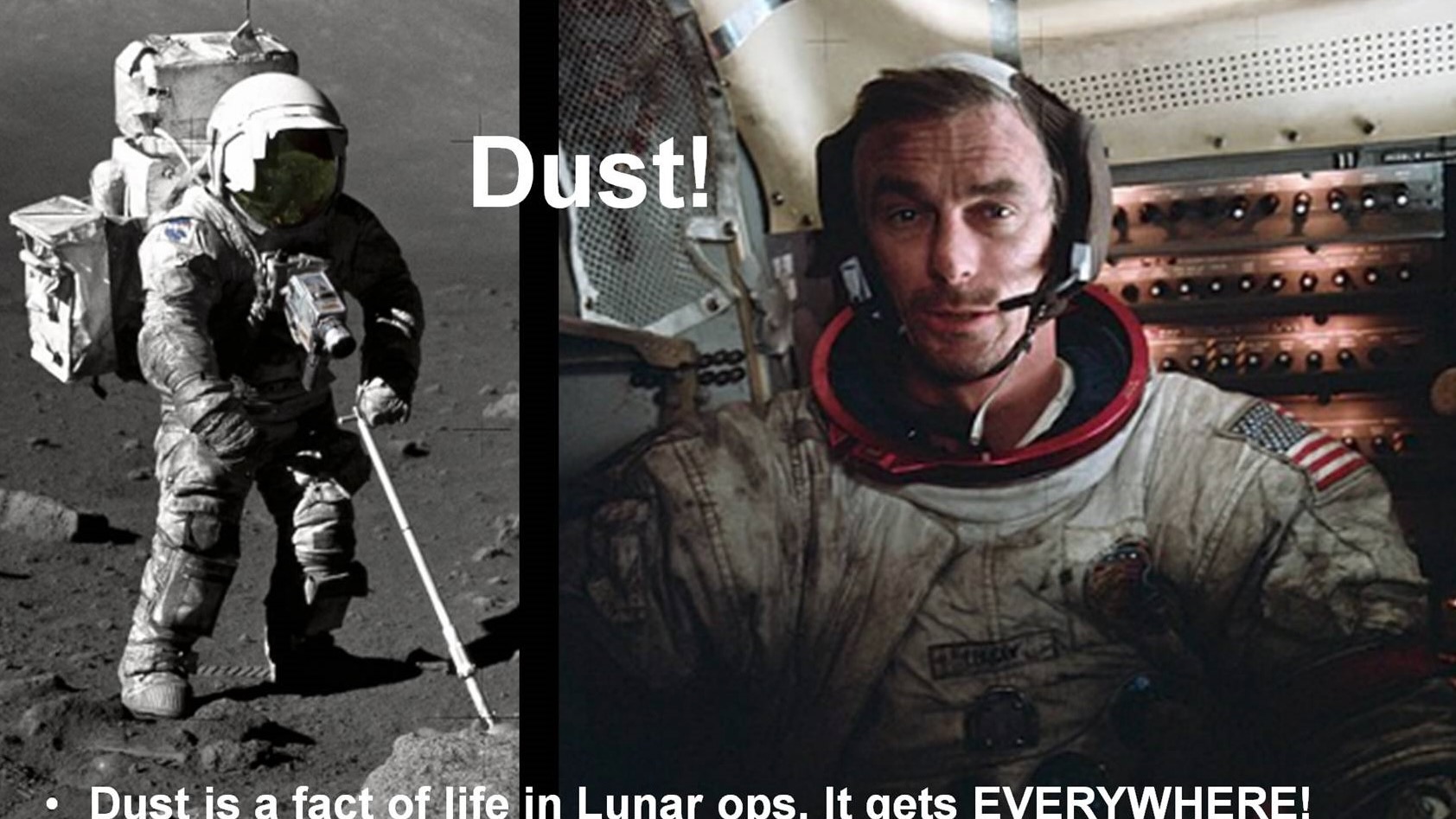 two photos of a dusty astronaut in a white spacesuits. in the right-hand picture he has his helmet off and is inside his spacecraft