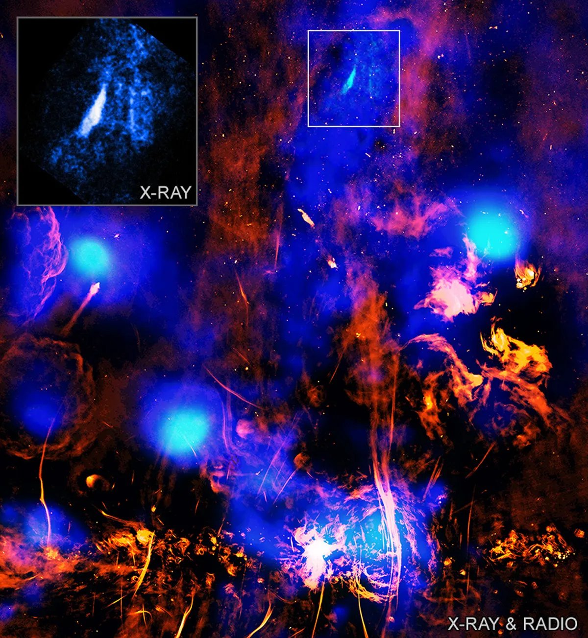 Image of the region near the centre of the Milky Way galaxy showing the supermassive black hole Sagittarius A*, a chimney and a vent funnelling cosmic material outwards. Captured by the Chandra X-Ray Observatory and the MeerKAT telescope. Credit: X-ray: NASA/CXC/Univ. of Chicago/S.C. Mackey et al.; Radio: NRF/SARAO/MeerKAT; Image Processing: NASA/CXC/SAO/N. Wolk