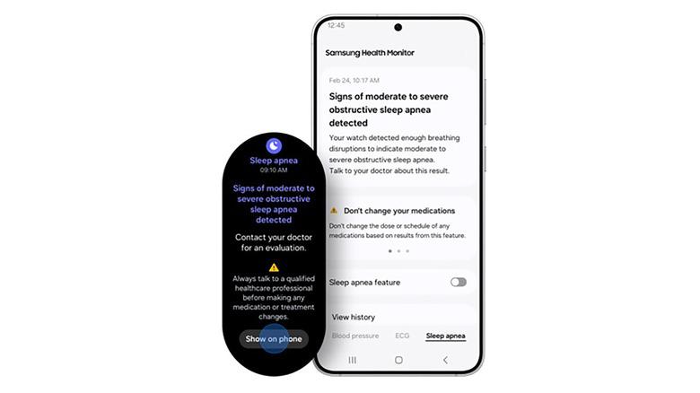 A Samsung Galaxy phone and an (elongated oval) screenshot of a Galaxy Watch, indicating possible sleep apnea.