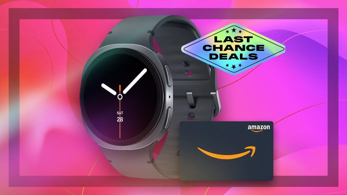 A black Samsung Galaxy Watch 8 and Amazon gift card against a red gradient background