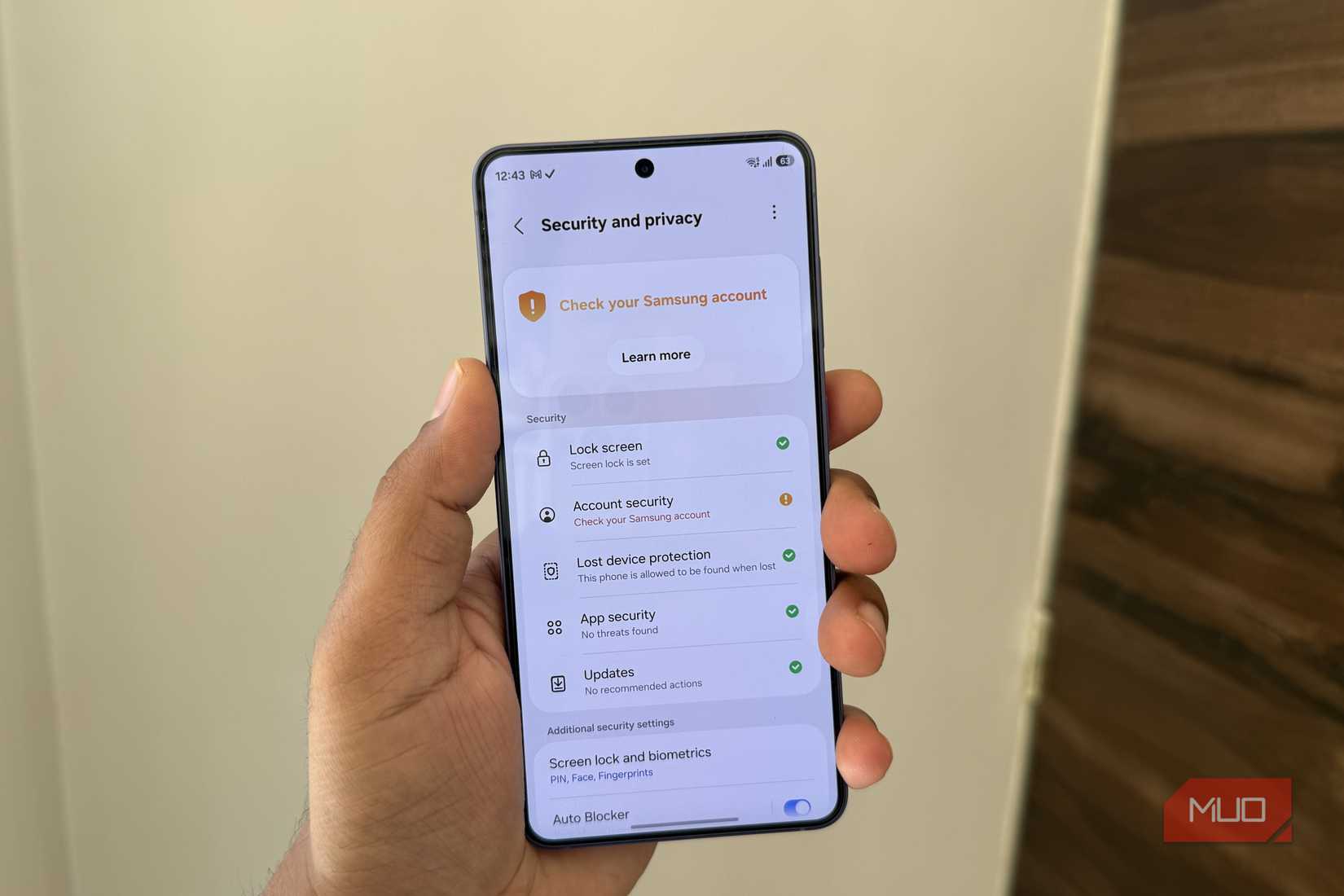 Samsung phone showing security settings
