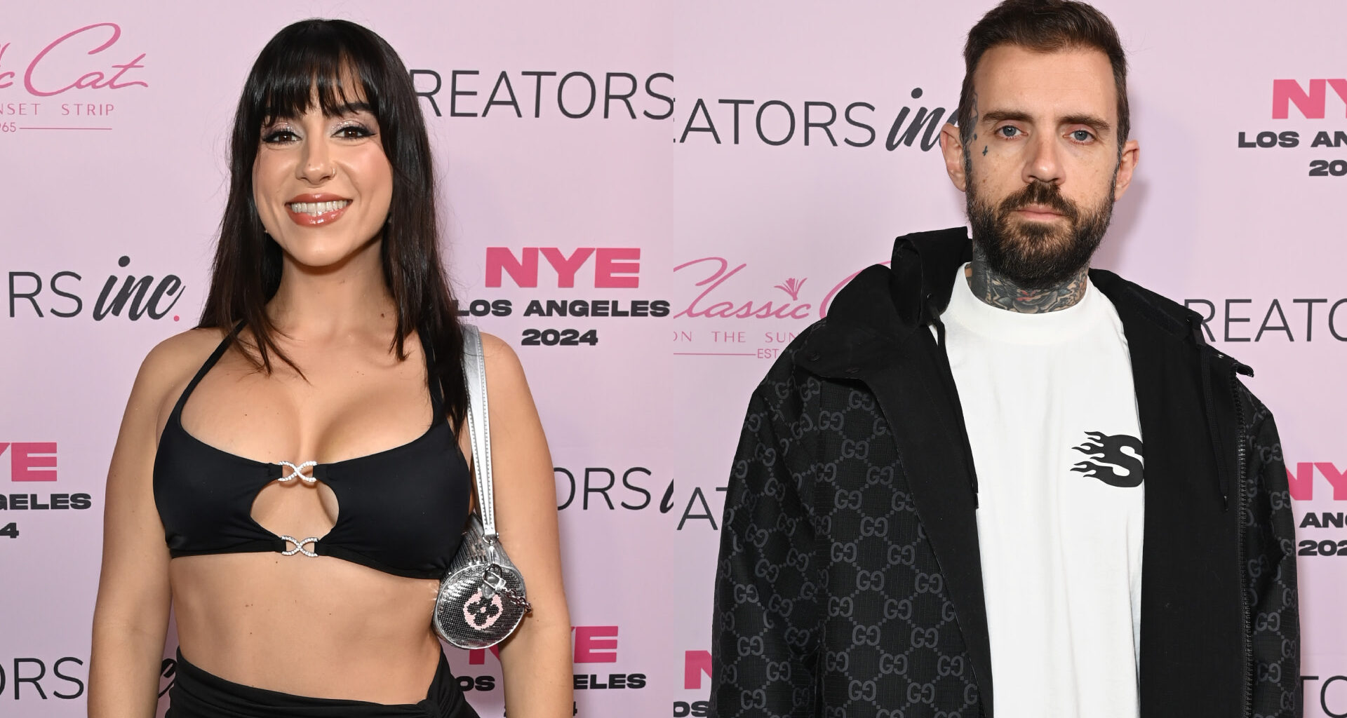 Lena the Plug in a black outfit and Adam22 in a black jacket pose on a pink carpet with backdrop.