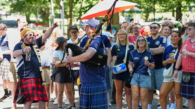 Scottish fans celebrate at a park in central Boston, Mass,, ahead of the World Cup Group C soccer match between Haiti and Scotland in Foxborough, Saturday, June 13, 2026.