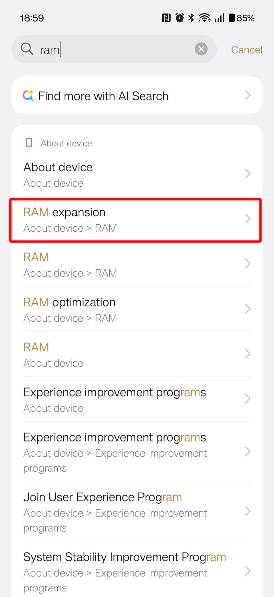 Search results for "RAM" in the settings of a OnePlus 15.