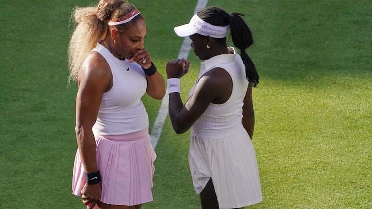 Serena Williams plays against Nicole Melichar-Martinez of Canada and Erin Routliffe of NZ during their doubles match.