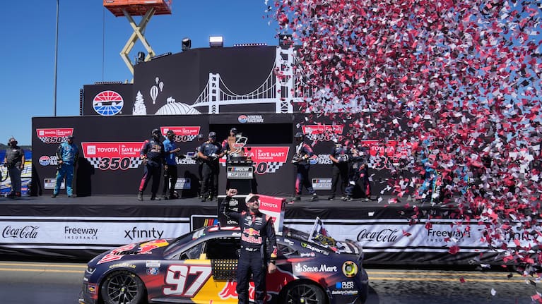 Shane van Gisbergen celebrates after winning a NASCAR Cup Series auto race at Sonoma Raceway.