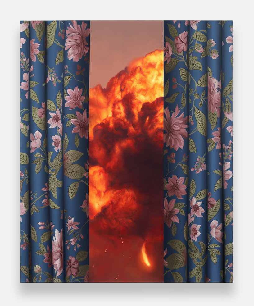 shawn huckins frames painted wildfires and smoke-filled skies behind hyperreal curtains - 2