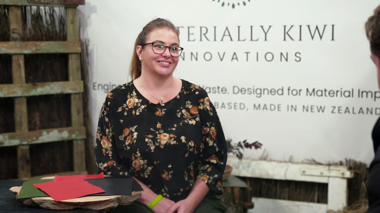 Shelley Houston uses kiwifruit rejected by the export industry — fruit deemed too damaged or imperfect to sell — and processes it into a flexible, durable material.