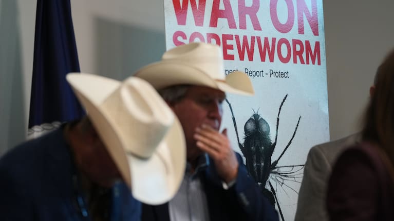 Signage is seen as US Agriculture Secretary Brooke Rollins holds a news conference at the Knipling-Bushland US Livestock Insects Research Laboratory in Kerrville, Texas, Monday, June 8, 2026.