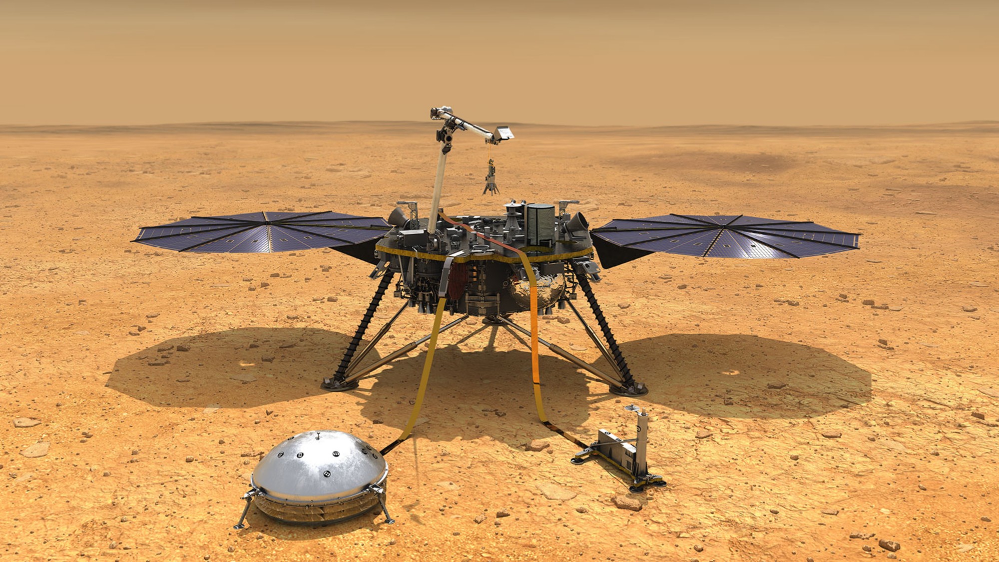 a squat, round lander sits on three metal legs on a reddish-orange dusty surface, with two large wing-like solar arrays, one on each side