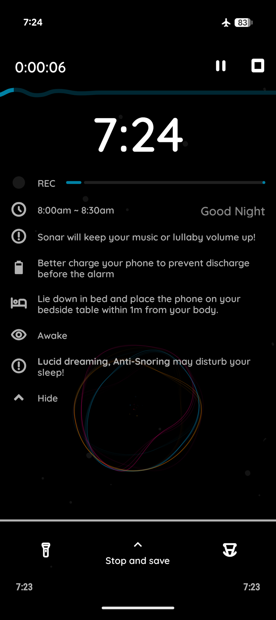 Sleep as Android active sleep tracking screen showing recording in progress with bedtime tips and Good Night message.-1