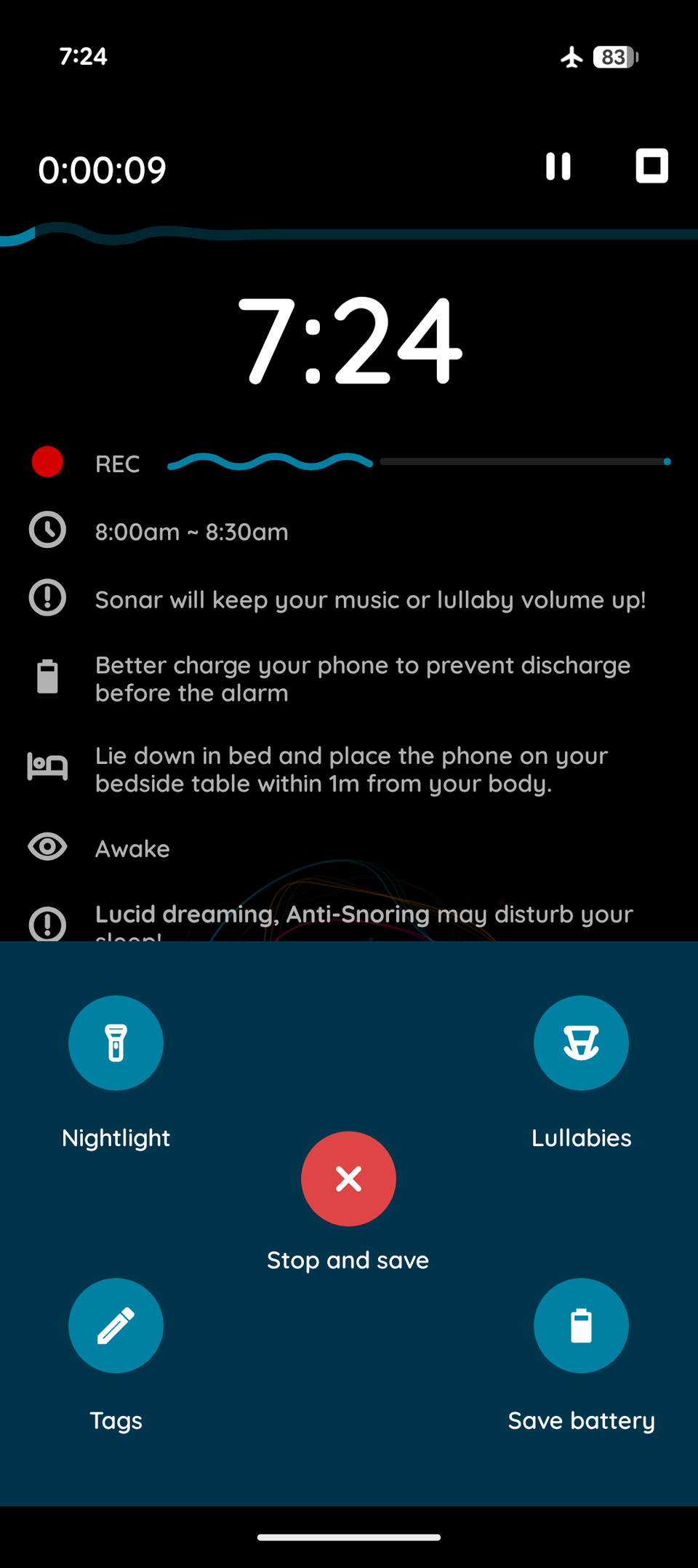 Sleep as Android sleep tracking controls showing Nightlight, Lullabies, Tags, and Save battery options.-1