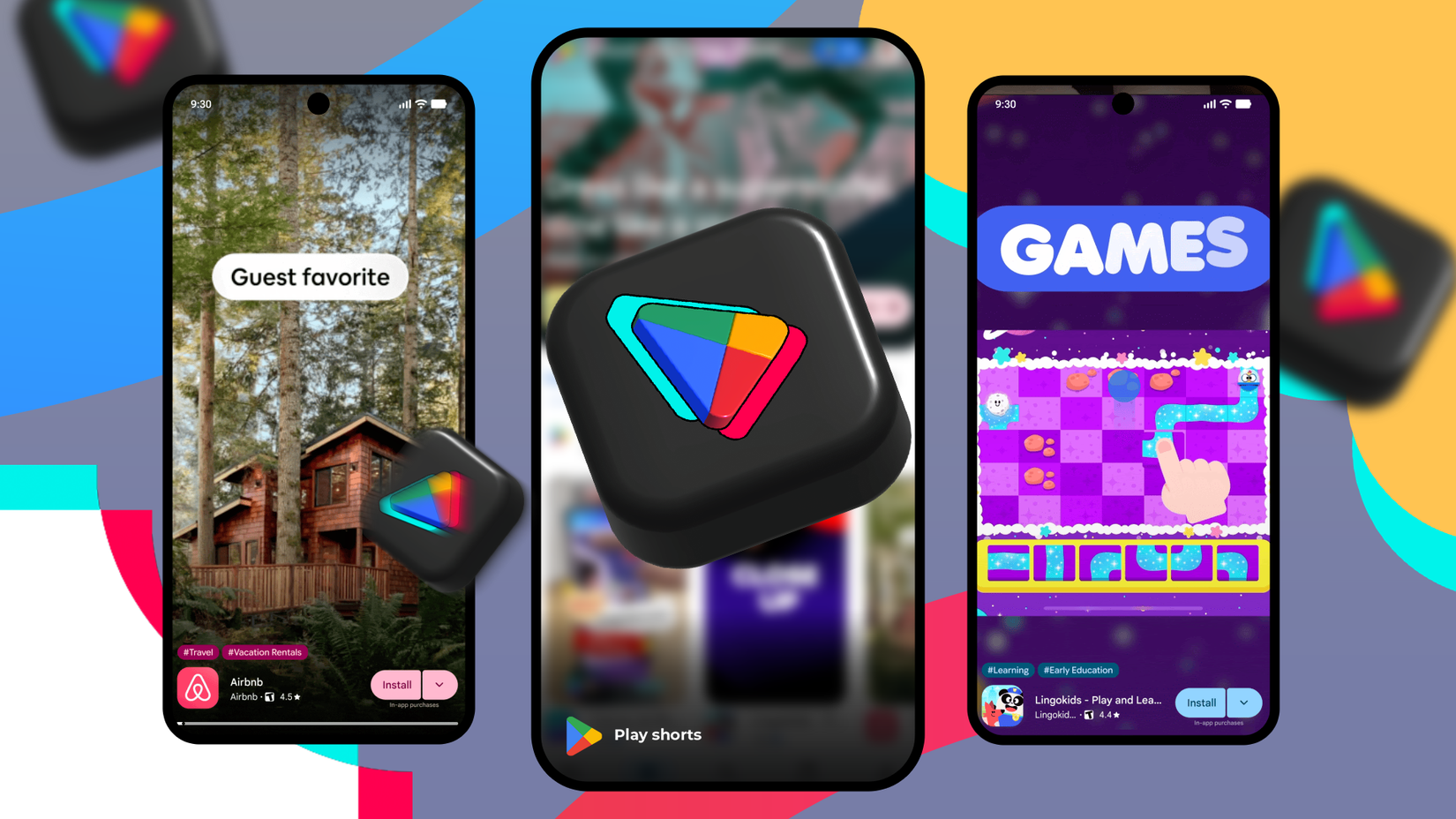 Smartphones displaying TikTok-style vertical video feeds for the new Google Play Shorts feature, surrounded by floating 3D Play Store icons.