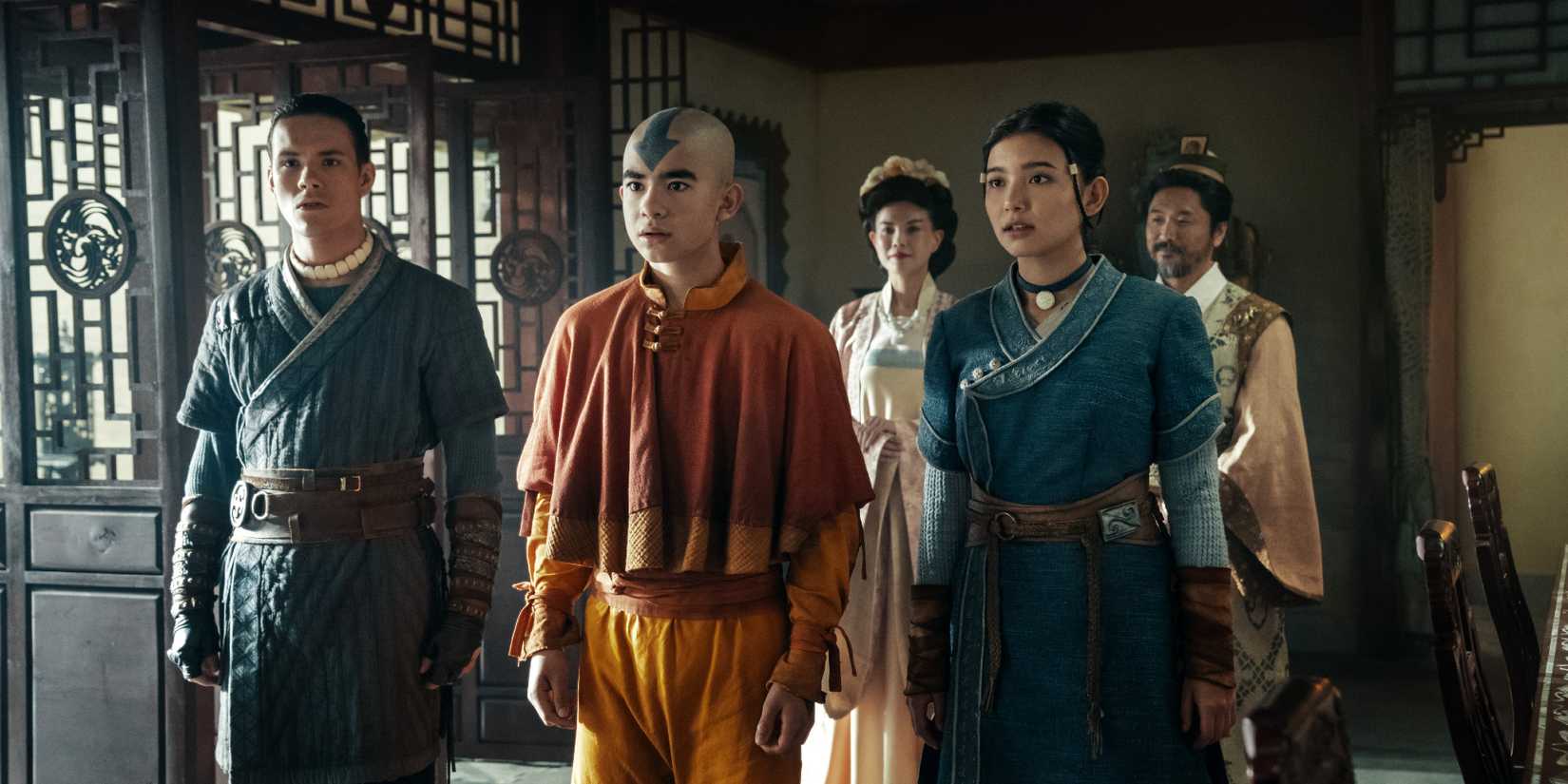 Sokka, Aang, and Katara at the Beifong house in Avatar The Last Airbender season 2 on Netflix