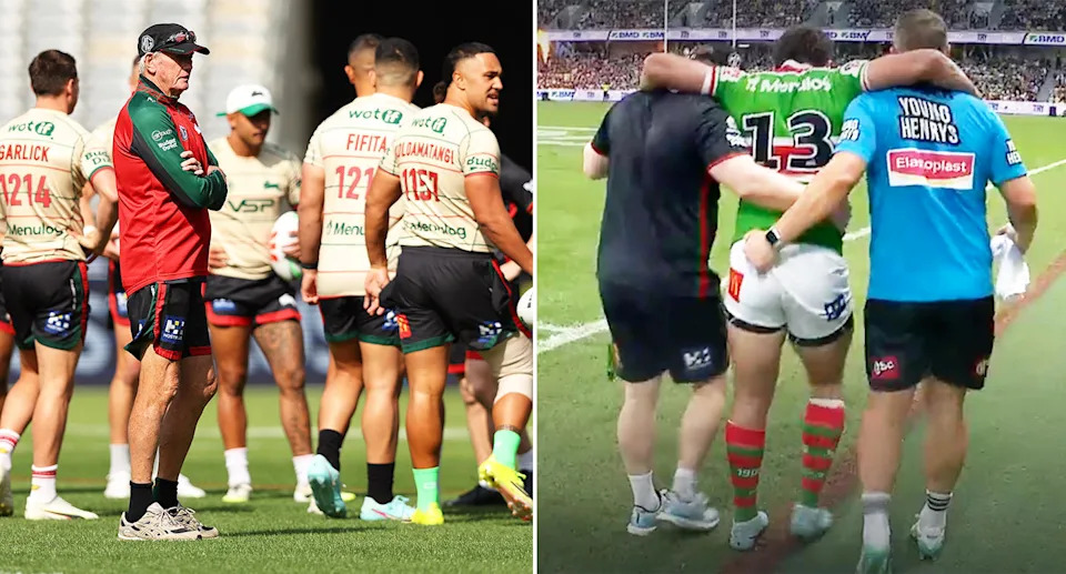 Adam Elliott alongside Rabbitohs teammates and coach Wayne Bennett.