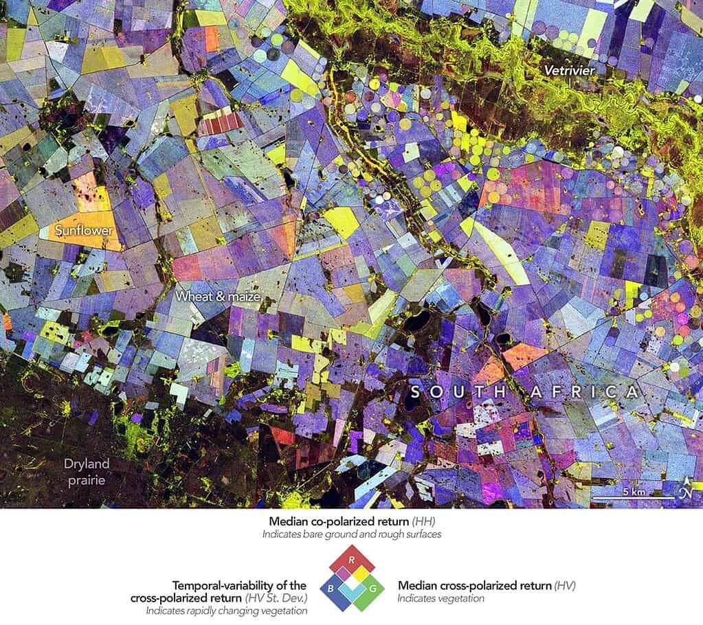 Aerial image of South African farmland showing sunflower, wheat, maize, and dry prairie areas with v.