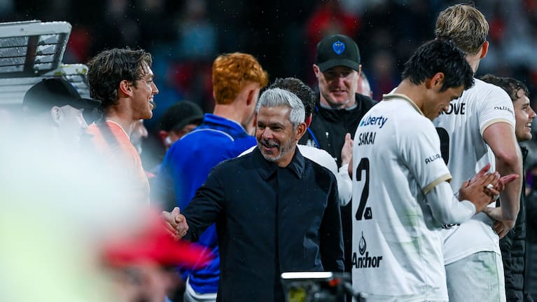 Steve Corica, Head Coach of Auckland celebrates during the Leg 2 of the A-League Men Elimination Final series between Adelaide United and Auckland FC at Coopers Stadium, on May 15, 2026, in Adelaide, Australia.