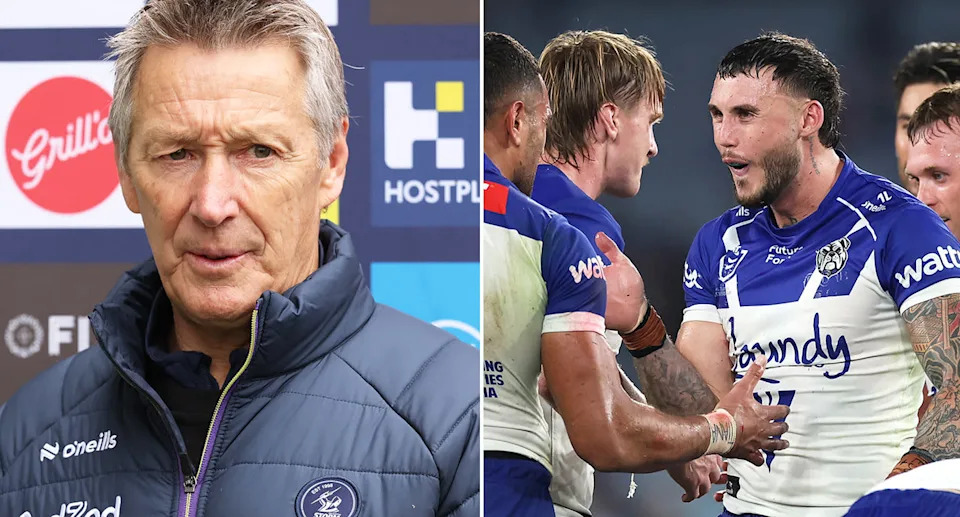 Pictured right is Bulldogs centre Bronson Xerri and Melbourne Storm coach Craig Bellamy on left.