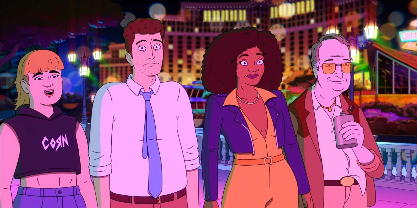The characters stand with a city behind at night and look surprised in Strip Law.