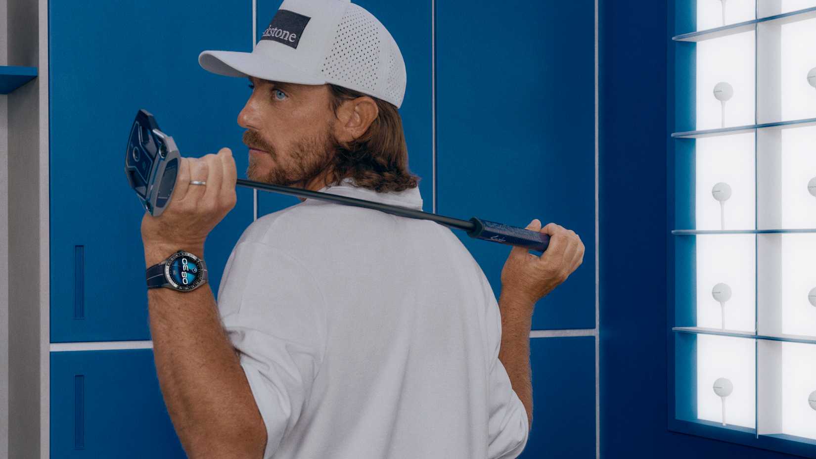 A promotional image of the Tag Heuer Connected Calibre E5 x TaylorMade Edition