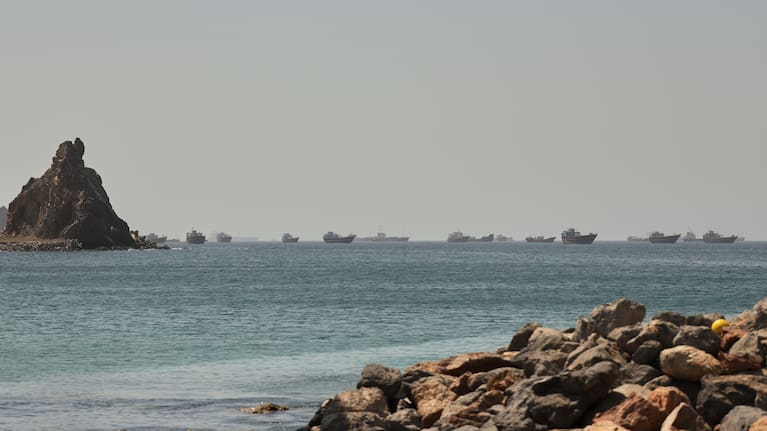 Tankers and cargo vessels are seen in the Gulf of Oman, along shipping routes linking the Strait of Hormuz and the Arabian Sea.