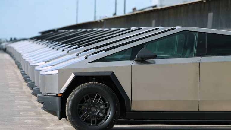 New Tesla Cybertrucks are seen at SpaceX's Starship facility in Starbase, Texas, Monday, Oct. 13, 2025.