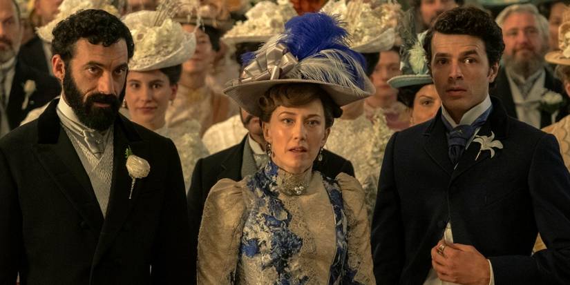 Harry Richardson as Larry with Carrie Coon and Morgan Spector at Gladys' wedding in The Gilded Age Season 3.