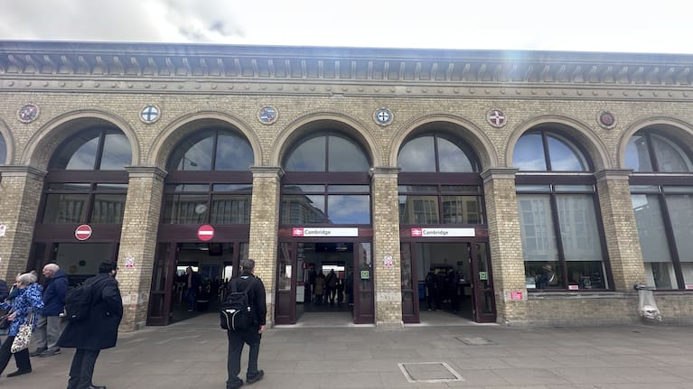 The historic, Grade II listed entrance to Cambridge Railway Station in England.