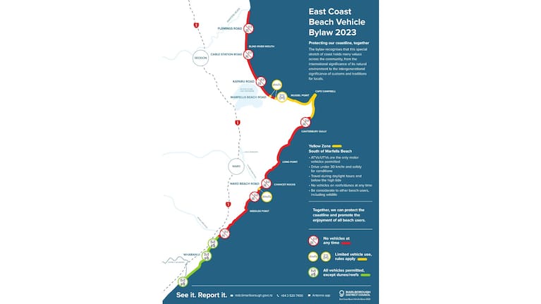 The Marlborough East Coast Beach Vehicle Bylaw sets out different rules for different parts of the coast.