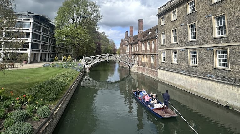 The Mathematical Bridge crossing the River Cam at Queens' College in Cambridge.